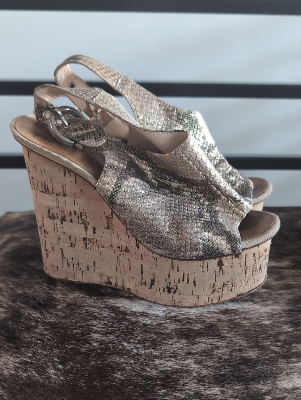 Giuseppe Zanotti Wedge Slingback Sandals in Metallic Snake Print